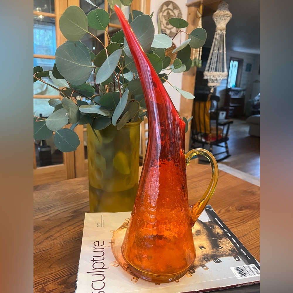 Vintage Vibrant Amber Red Orange Crackle Glass Pitcher MCM